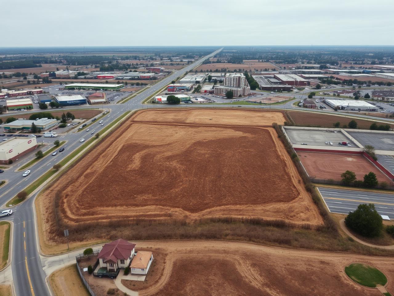 Aerial view of a vacant land parcel beside a commercial corridor