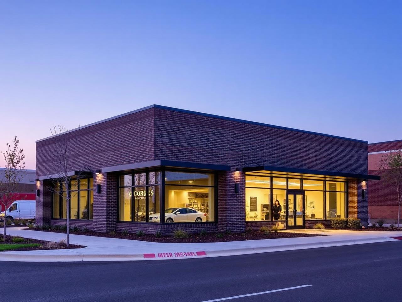 Modern low-rise commercial building at dusk